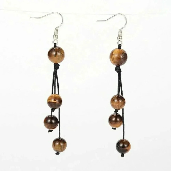 Natural Tiger Eye Brown Gemstone Black Silk Thread Knotted Dangle Earrings - Picture 1 of 1